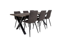 Tony eethoek , 1 eettafel en 6 stoelen donker bruin en eik.