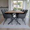 Tony eethoek , 1 eettafel en 6 stoelen donker grijs en eik.