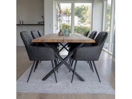 Tony eethoek , 1 eettafel en 6 stoelen donker grijs en eik.