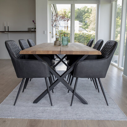 Tony eethoek , 1 eettafel en 6 stoelen donker grijs en eik.