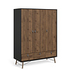 Rye Garderobe 3 deuren, 3 laden matzwart, walnoot decor.