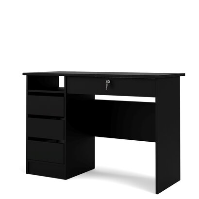 ebuy24 Plus bureau met 1 legplank, 3 kleine laden en 1 grote lade met sleutel, mat zwart.