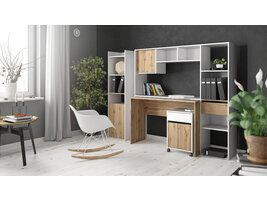 TEST Plus bureau met boekenkast en bureau-indelingssysteem op wielen, decor wit/eiken.