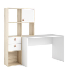 TEST Plus bureau incl. boekenkast met 4 vakken, 2 laden en 1 deur, decor wit/eiken.