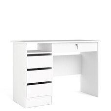 TEST Plus bureau met 1 legplank, 3 kleine laden en 1 grote lade met sleutel, wit.