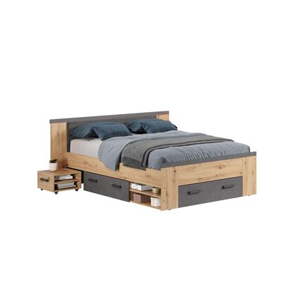 ebuy24 Follow bed 140x200cm met nachtkastje, laden, planken aan beide zijden eik decor, grijs.