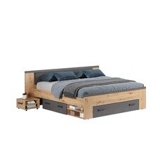 ebuy24 Follow bed 180x200cm met nachtkastje, laden, planken aan beide zijden eik decor, grijs.