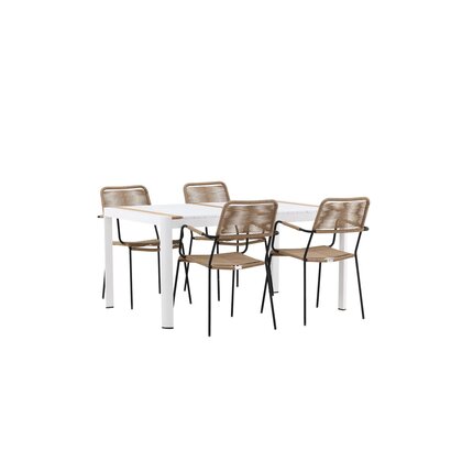 ebuy24 Togo tuinmeubelset tafel 90x150cm wit, 4 stoelen Lindos bruin.