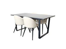 ebuy24 Amira eethoek eettafel zwart marmer print en 4 stoelen fluweel beige.