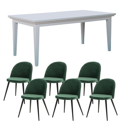 ebuy24 Venedig eethoek eettafel wit 95x180/276 met 2 stuks extra plaat 6 stoelen velours groen.