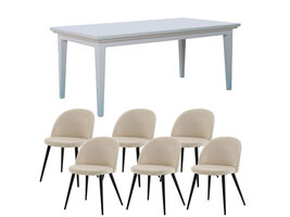 ebuy24 Venedig eethoek eettafel wit 95x180/276 met 2 stuks extra plaat 6 stoelen velours beige.