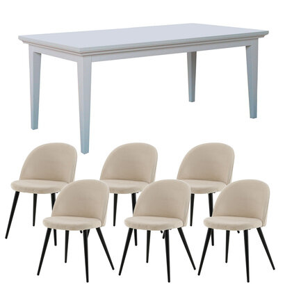 ebuy24 Venedig eethoek eettafel wit 95x180/276 met 2 stuks extra plaat 6 stoelen velours beige.