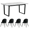 ebuy24 Tilst eethoek eettafel wit marmerprint 90x160 4 stoelen velours zwart.