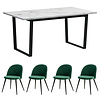 ebuy24 Tilst eethoek eettafel wit marmerprint 90x160 4 stoelen velours groen.