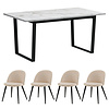 ebuy24 Tilst eethoek eettafel wit marmerprint 90x160 4 stoelen velours beige.