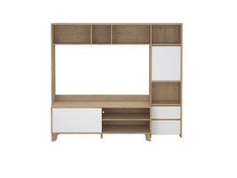 ebuy24 Next wandkast Systeem voor TV, 1 deur, 1 schuifdeur, 2 lades eiken decor, wit hoogglans.