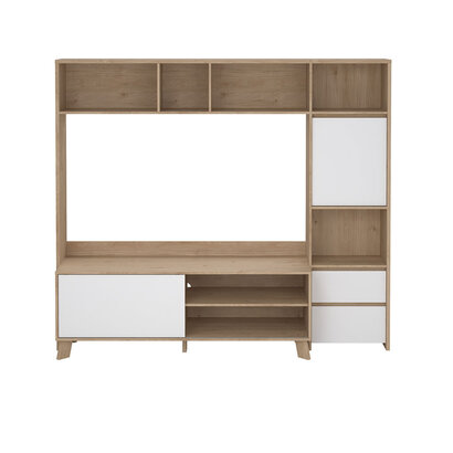 ebuy24 Next wandkast Systeem voor TV, 1 deur, 1 schuifdeur, 2 lades eiken decor, wit hoogglans.