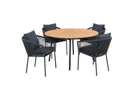 ebuy24 Cleveland tuinmeubelset eetkamertafel Ø130cm naturel, zwart en 4 Salerno stoel grijs, zwart.