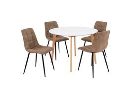 ebuy24 Vojens eethoek eetkamertafel Ø105cm Wit en 4 Middelfart stoel bruin.