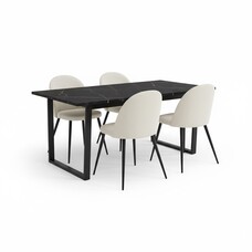 ebuy24 Amira eethoek eettafel zwart marmer print en 4 stoelen fluweel beige.