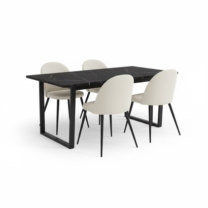 ebuy24 Amira eethoek eettafel zwart marmer print en 4 stoelen fluweel beige.