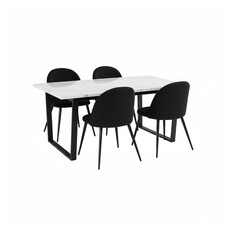 ebuy24 Tilst eethoek eettafel wit marmerprint 90x160 4 stoelen velours zwart.