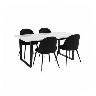ebuy24 Tilst eethoek eettafel wit marmerprint 90x160 4 stoelen velours zwart.
