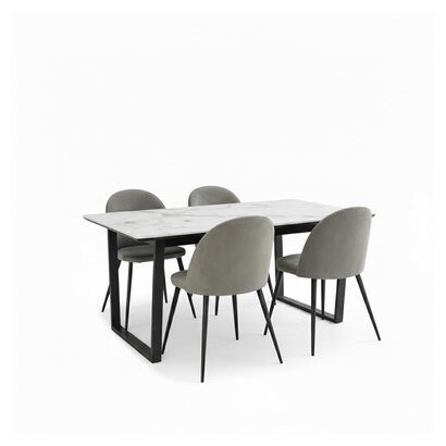 ebuy24 Tilst eethoek eettafel wit marmerprint 90x160 4 stoelen velours grijs.