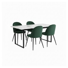 ebuy24 Tilst eethoek eettafel wit marmerprint 90x160 4 stoelen velours groen.
