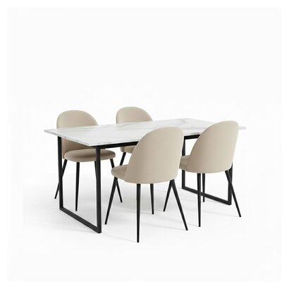 ebuy24 Tilst eethoek eettafel wit marmerprint 90x160 4 stoelen velours beige.
