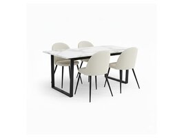 ebuy24 Tilst eethoek eettafel wit marmer print en 4 stoelen fluweel beige.