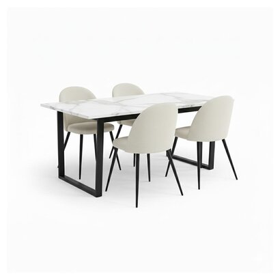 ebuy24 Tilst eethoek eettafel wit marmer print en 4 stoelen fluweel beige.