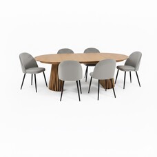 ebuy24 Tokyo eethoek eettafel natuur, 6 stoelen met grijze velours bekleding.
