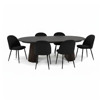ebuy24 Tokyo eethoek eettafel zwart, 6 stoelen met zwarte velours bekleding.