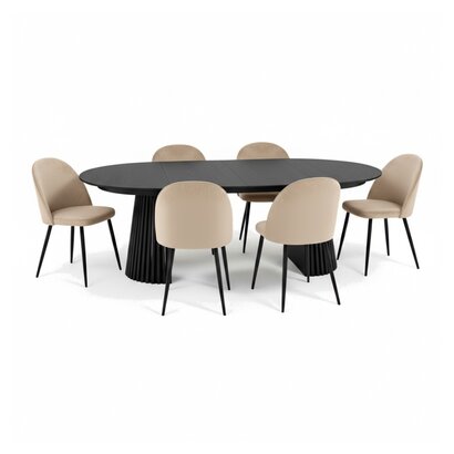ebuy24 Tokyo eethoek eettafel zwart, 6 stoelen met beige velours bekleding.