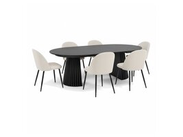 ebuy24 Tokyo eethoek eettafel zwart, 6 stoelen met beige ribfluweel bekleding.