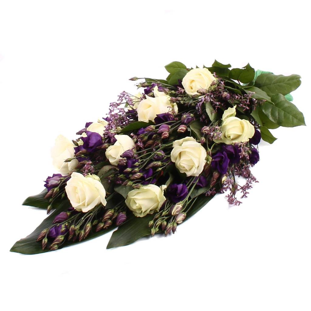 Rouwboeket witte Rozen paarse Lisianthus