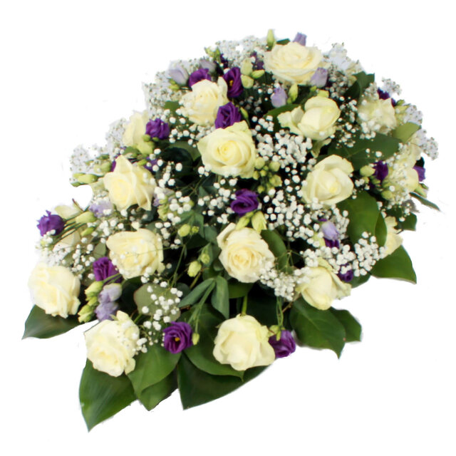 Rouwdruppel Witte rozen paarse lisianthus met gips