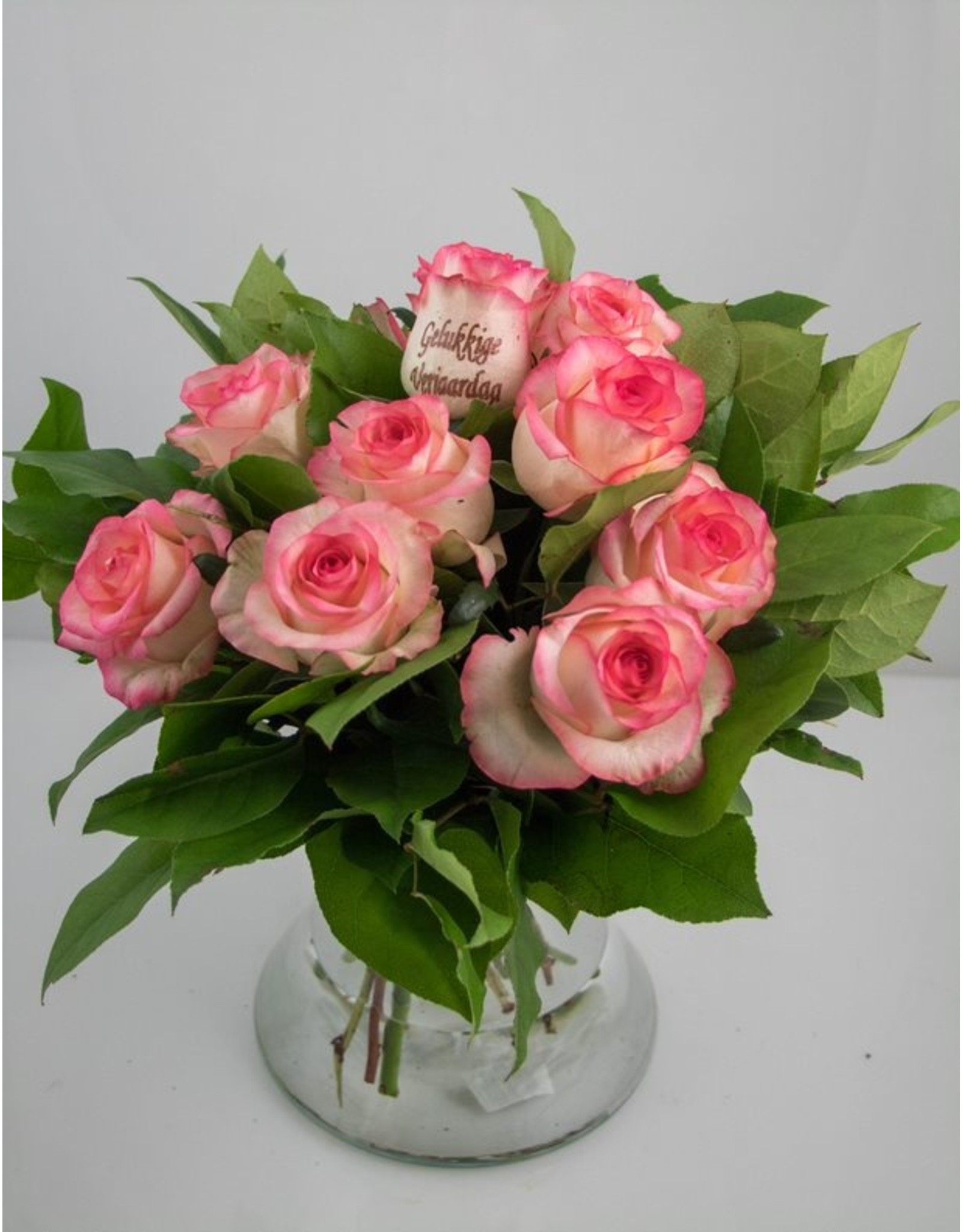 Magic Flowers Boeket 9 rozen - Wit/Roze - Gelukkige Verjaardag