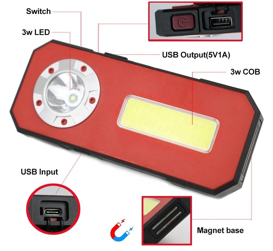 TM Oplaadbare  Smalle LED Zaklamp/Looplamp/werklamp met Power Bank