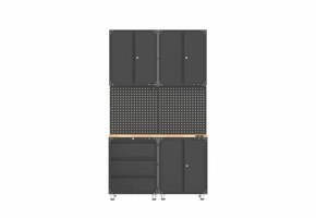 Premium black workshop interior with workbench and tool cabinets 7 pieces