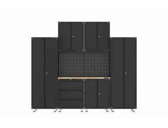 Premium black workshop equipment with workbench and tool cabinets 9 pieces