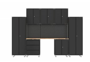 Premium black workshop equipment with workbench and tool cabinets 11 pieces