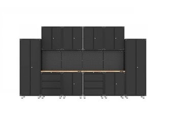 Premium zwarte werkplaatsinrichting met werkbank en gereedschapskasten 16 delig