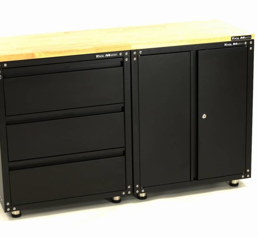 Premium black workshop equipment with workbench and tool cabinets 3 parts