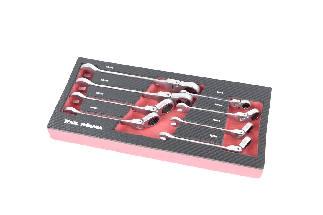 TM 8 Piece Tilting Ring, Ratchet, Spanner Set in foam carbon look inlay