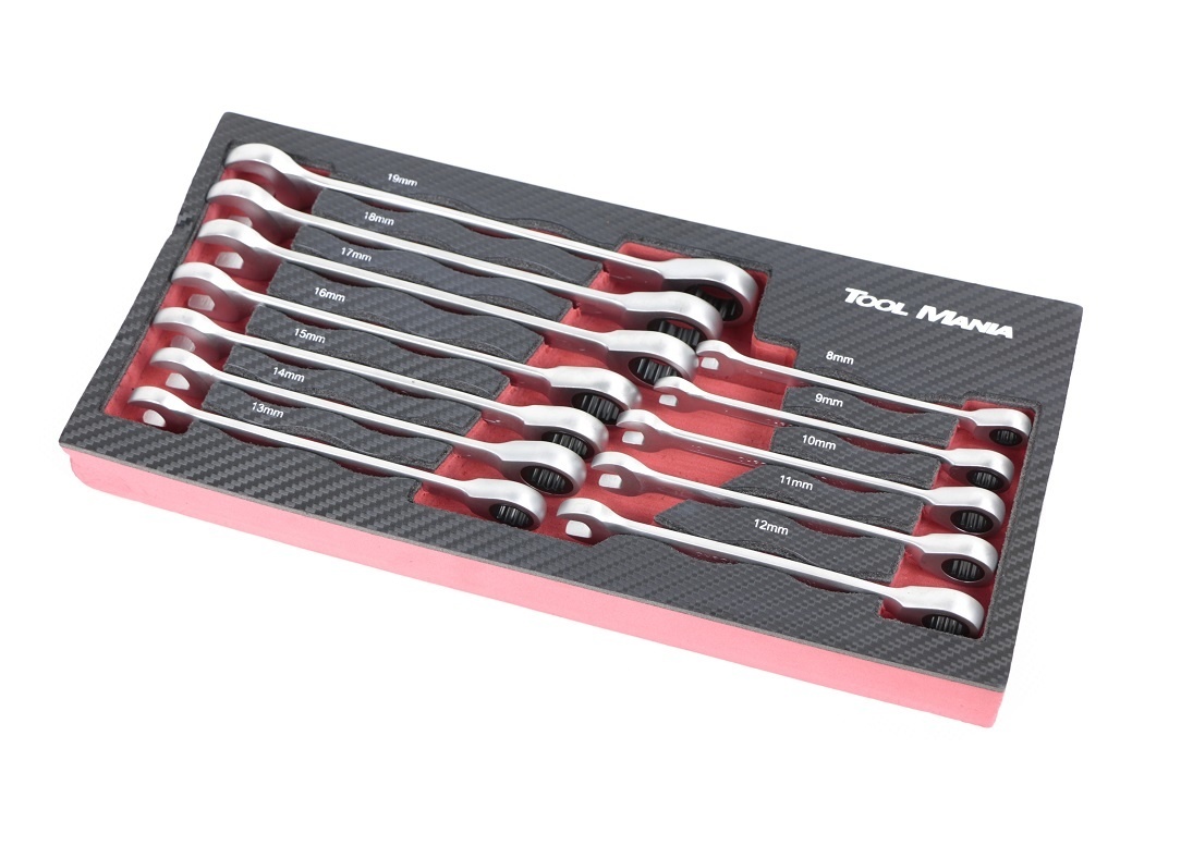 TM 12 Piece Plug Ring, Ratchet, Spanner Set in foam carbon look inlay
