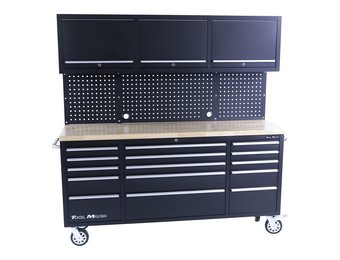 TM 182 cm Workbench with cupboard wall and wooden top in black