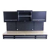 TM 182 cm Workbench with cupboard wall and wooden top in black