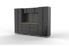 Premium black workshop interior with workbench and tool cabinets 11 pieces